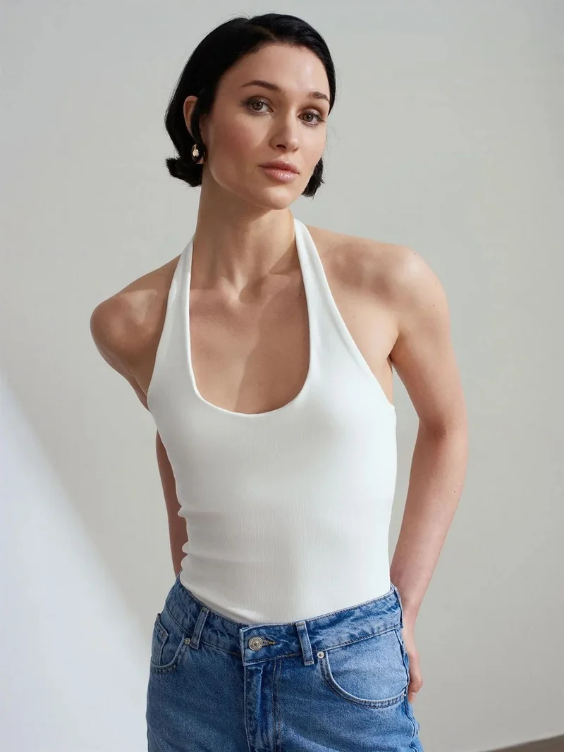 ديلفين Dilvin Ribbed Halterneck Sleeveless Blouse