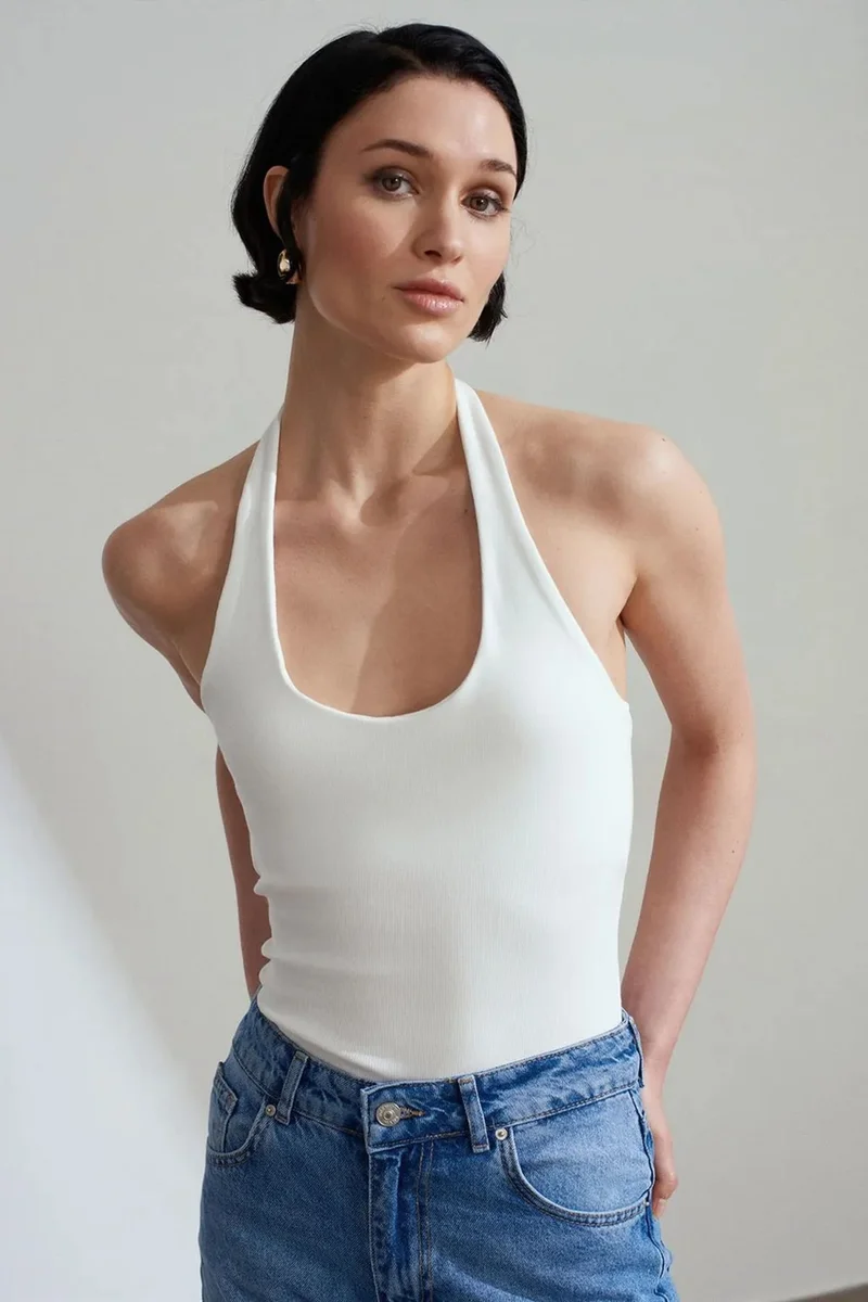 DILVIN Ribbed Halterneck Sleeveless Blouse