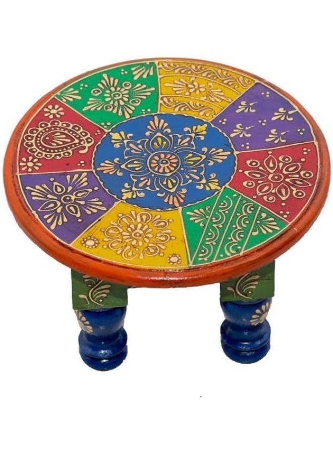 HOOJO® Hand-Painted Wooden Round Chowki/Bajot | Vibrant Multicolor Decorative Table for Pooja, Home Décor & Festive Gifting | Traditional Embossed Floral Design, Sturdy & Compact(25 cm) - Image 2