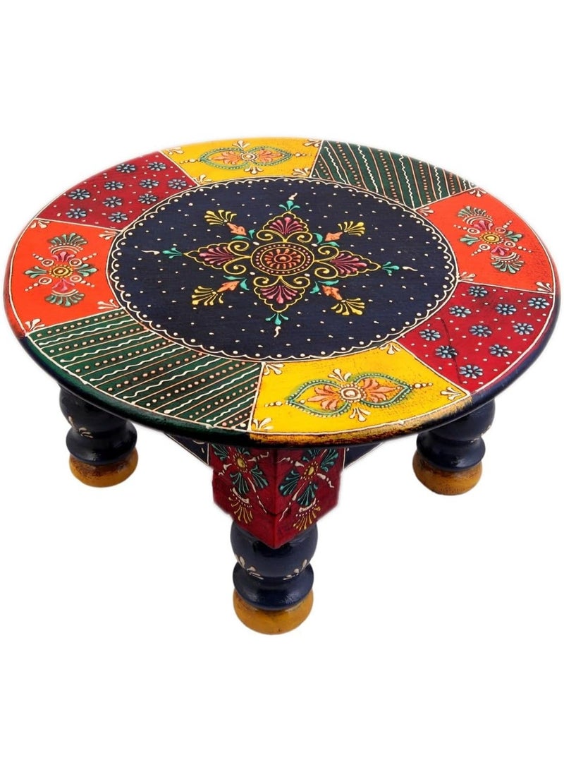 HOOJO® Hand-Painted Wooden Round Chowki/Bajot | Vibrant Multicolor Decorative Table for Pooja, Home Décor & Festive Gifting | Traditional Embossed Floral Design, Sturdy & Compact(25 cm) - Image 4
