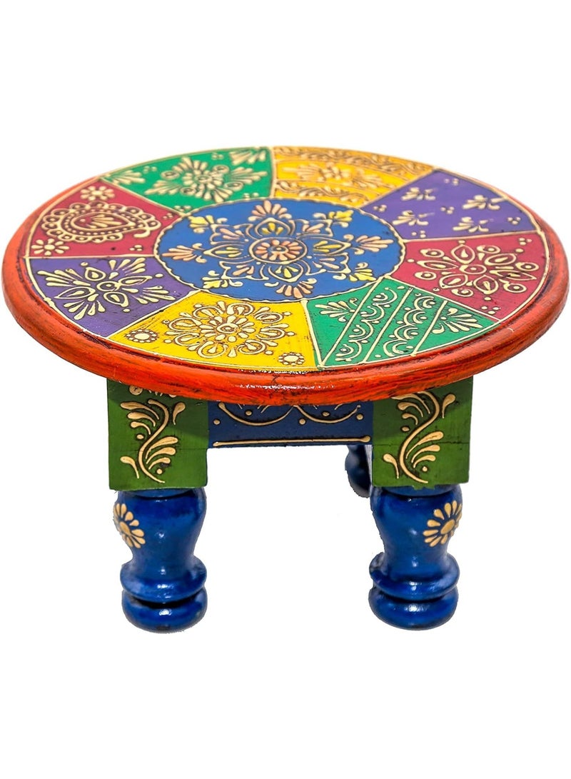 HOOJO® Hand-Painted Wooden Round Chowki/Bajot | Vibrant Multicolor Decorative Table for Pooja, Home Décor & Festive Gifting | Traditional Embossed Floral Design, Sturdy & Compact(25 cm) - Image 1