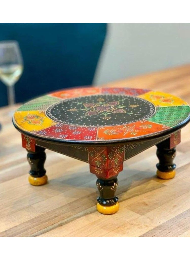 HOOJO® Hand-Painted Wooden Round Chowki/Bajot | Vibrant Multicolor Decorative Table for Pooja, Home Décor & Festive Gifting | Traditional Embossed Floral Design, Sturdy & Compact(25 cm) - Image 5
