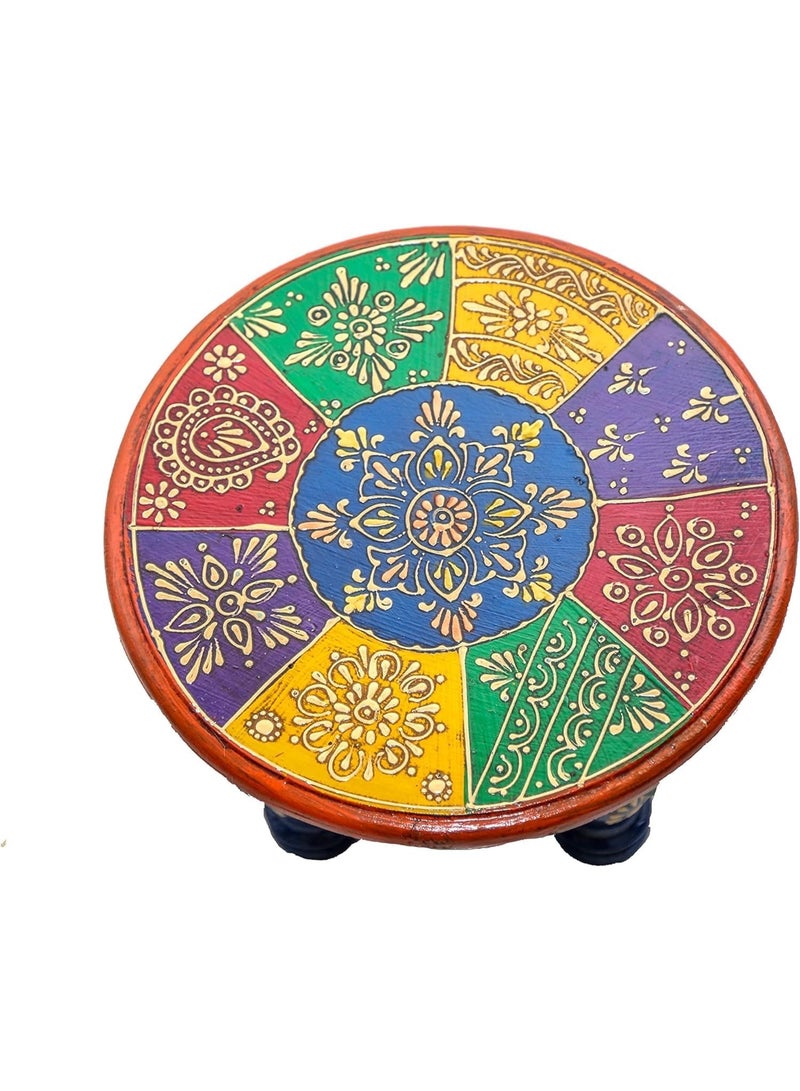 HOOJO® Hand-Painted Wooden Round Chowki/Bajot | Vibrant Multicolor Decorative Table for Pooja, Home Décor & Festive Gifting | Traditional Embossed Floral Design, Sturdy & Compact(25 cm) - Image 3