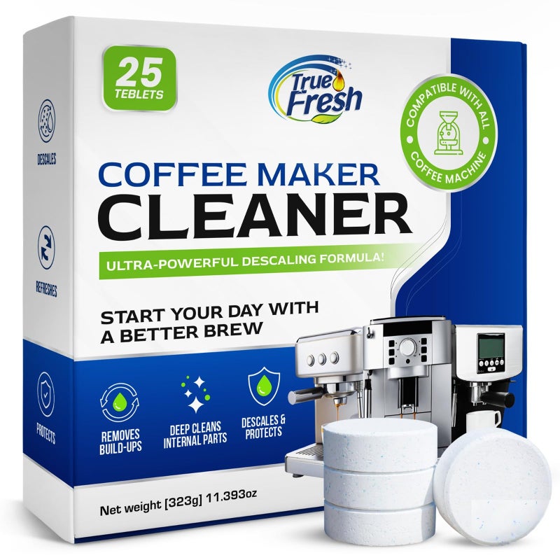True Fresh Coffee Machine Cleaner & Descaler Tablets 25 Pack - Removes Limescale & Oils, Compatible with Keurig, Nespresso, Breville, Delonghi, Miele - for Espresso & Drip Makers, 1 Year Supply - Image 1