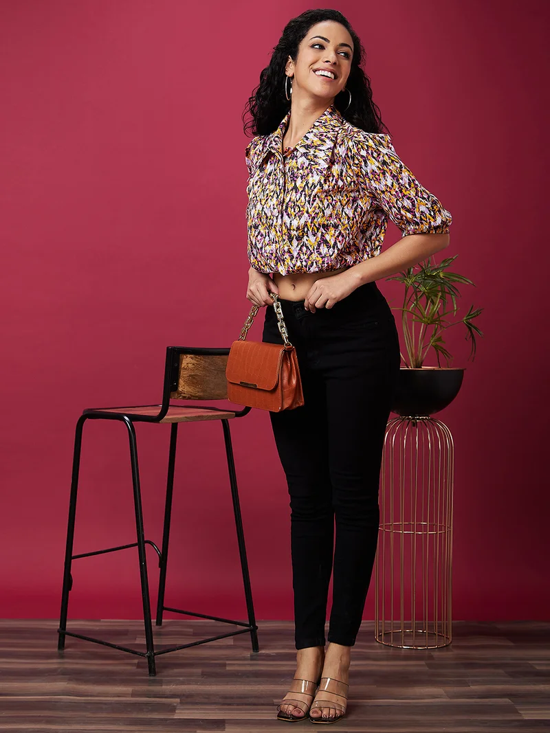 globus Women Abstract Printed Puff Sleeve Cotton Blouson Crop Top
