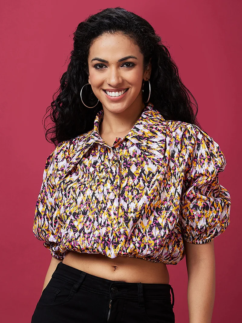 globus Women Abstract Printed Puff Sleeve Cotton Blouson Crop Top