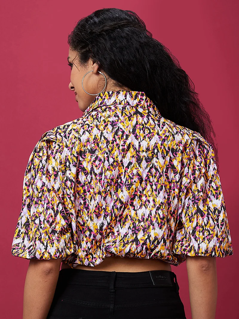 globus Women Abstract Printed Puff Sleeve Cotton Blouson Crop Top