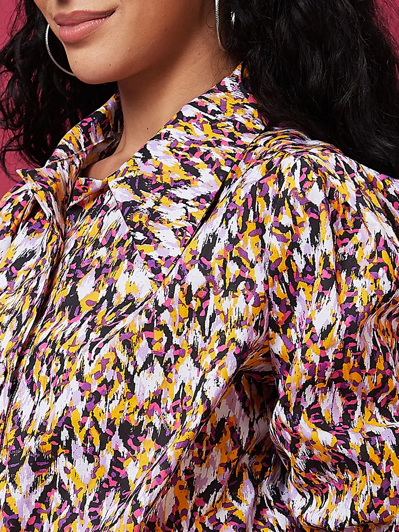 globus Women Abstract Printed Puff Sleeve Cotton Blouson Crop Top
