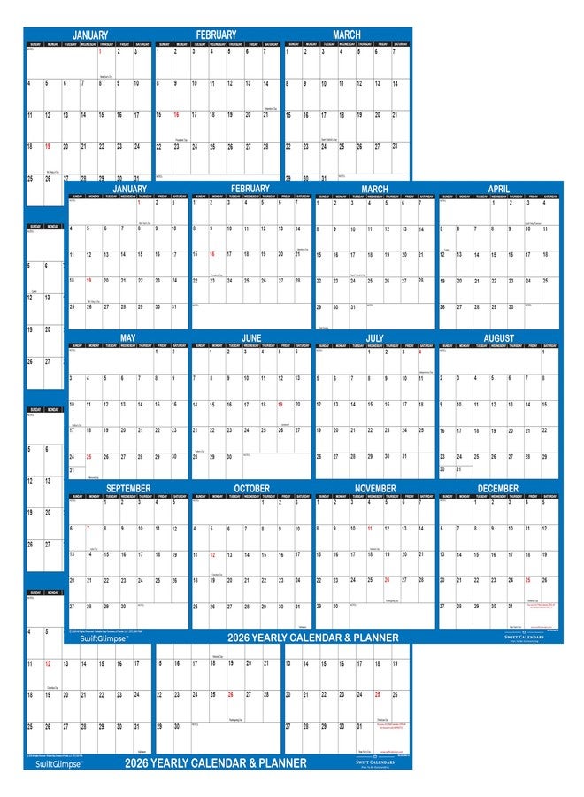 Swiftmaps 32" x 48" SwiftGlimpse 2026 Wall Calendar Erasable Large XL Wet & Dry Erase Laminated 12 Month Annual Yearly Wall Planner, Reversible, Navy - Image 1