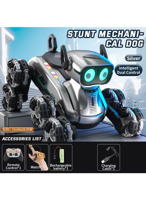 [Direct Supply] Remote Control Mechanical Dog Gesture Induction Eight-wheel Stunt Drift Deformation Car Charging Electric-Color:Dual Remote Control [silver] Eight-wheel Stunt Dog-Specification:Three Sets Of Batteries