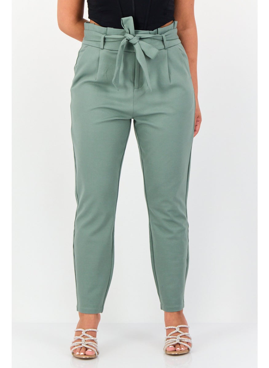 VERO MODA Women Regular Fit Solid Straight Leg 30 Inseam Belted Pants, Sage Green  - Image 1