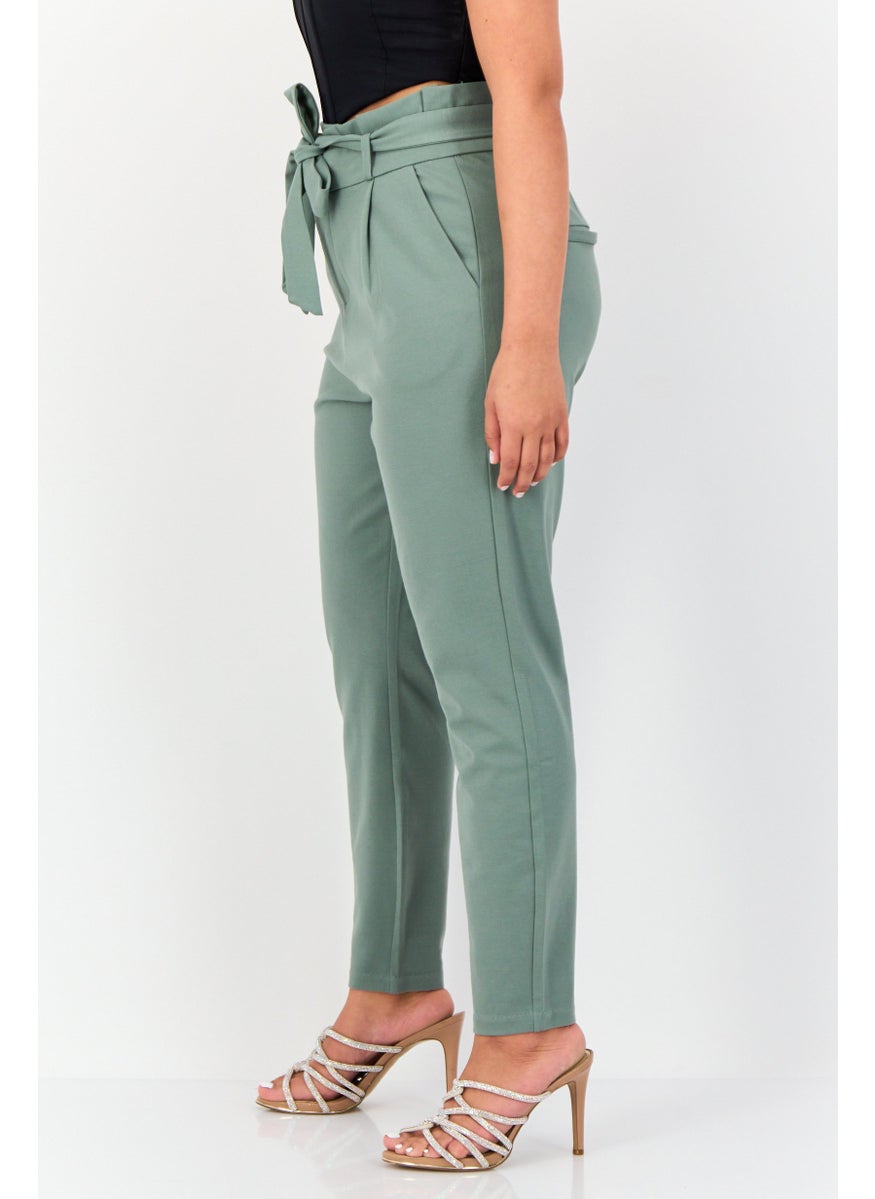 VERO MODA Women Regular Fit Solid Straight Leg 30 Inseam Belted Pants, Sage Green  - Image 4
