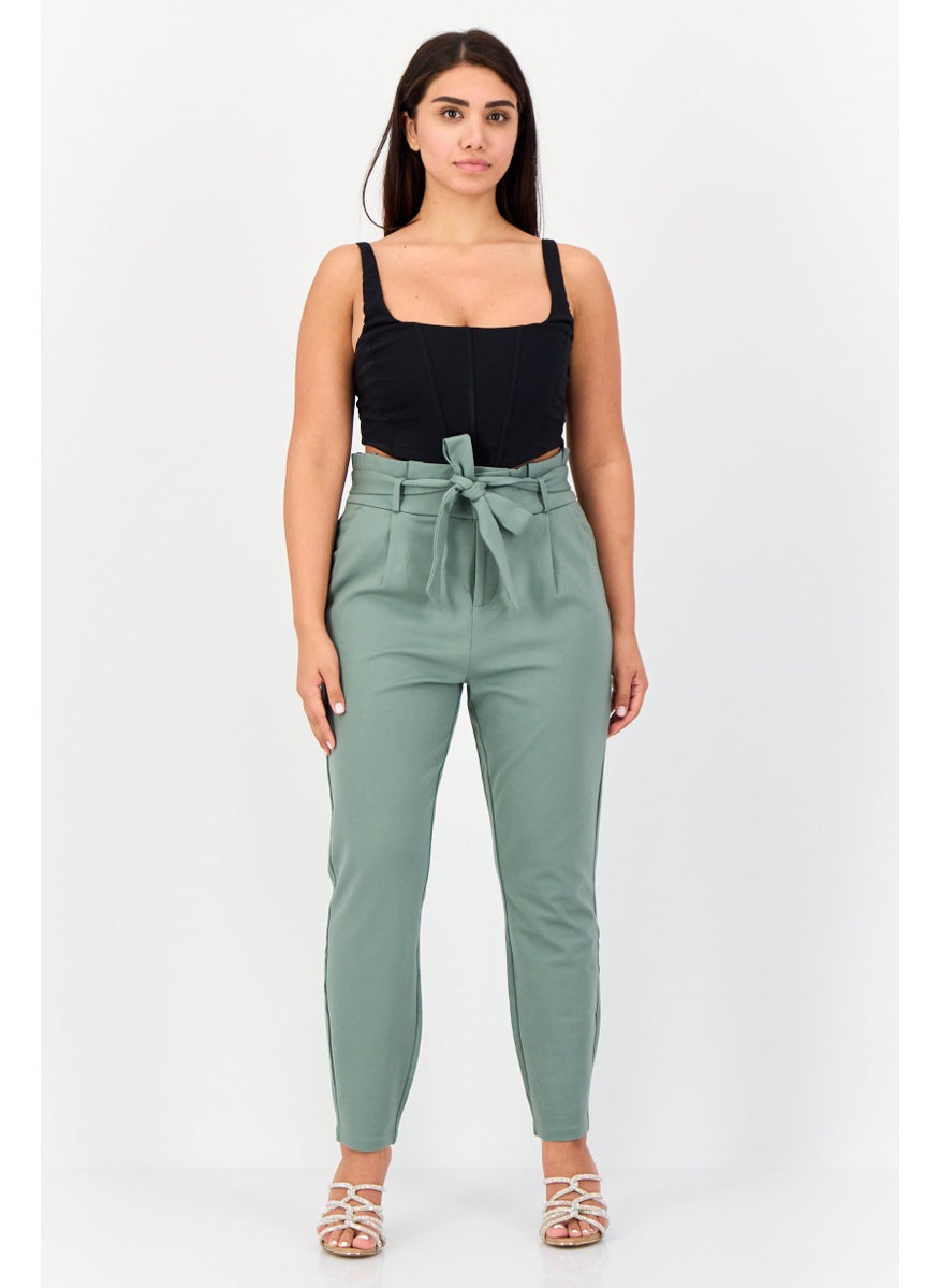 VERO MODA Women Regular Fit Solid Straight Leg 30 Inseam Belted Pants, Sage Green  - Image 3