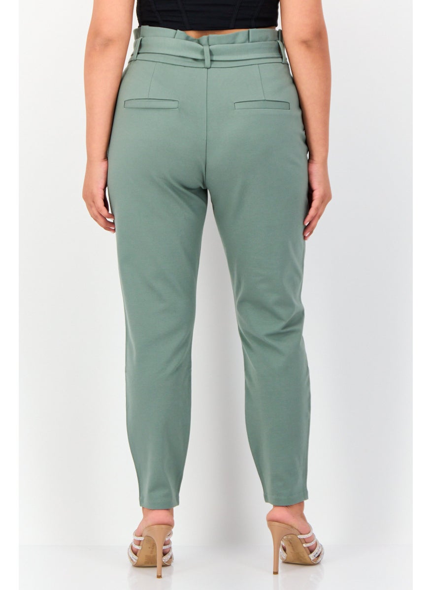 VERO MODA Women Regular Fit Solid Straight Leg 30 Inseam Belted Pants, Sage Green  - Image 2