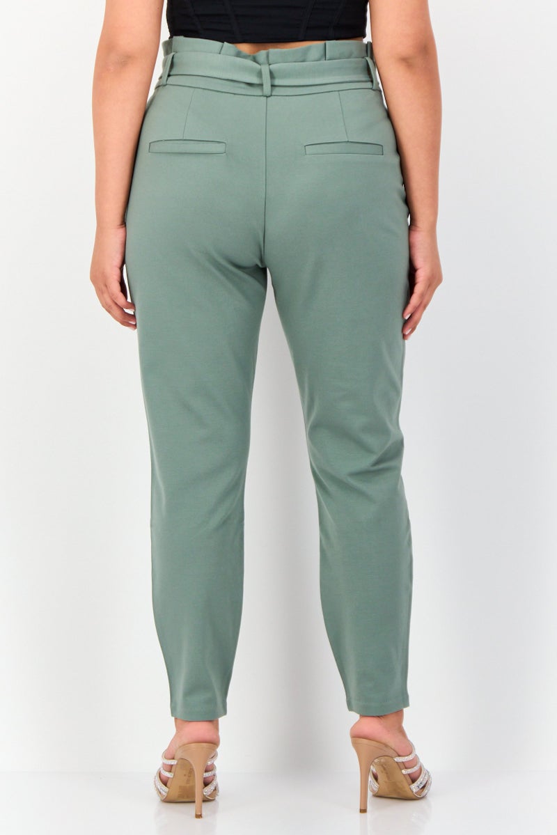 VERO MODA Women Regular Fit Solid Straight Leg 30 Inseam Belted Pants, Sage Green - Image 2
