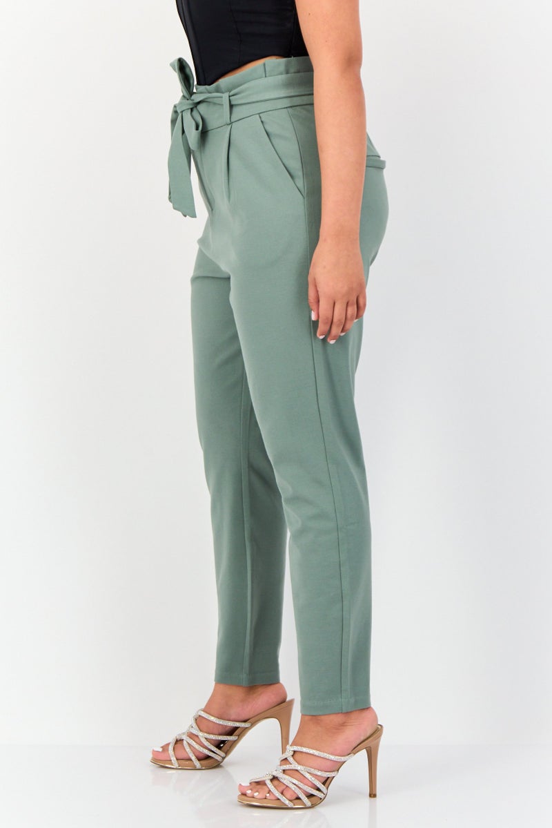 VERO MODA Women Regular Fit Solid Straight Leg 30 Inseam Belted Pants, Sage Green - Image 2