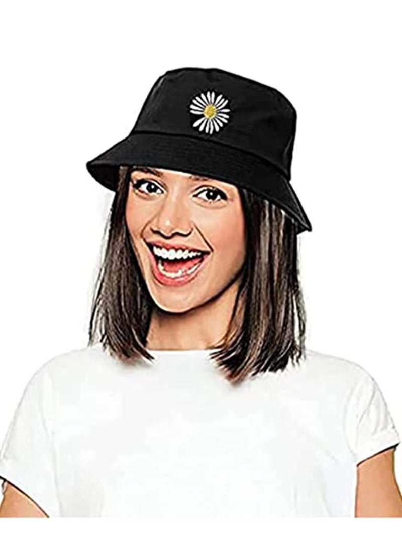 Flower Reversible Bucket Hats, Summer Travel Embroidery Beach Sun Hats for Women Teens Boys Girls Sun Visor Outdoor Cap Black - Image 4