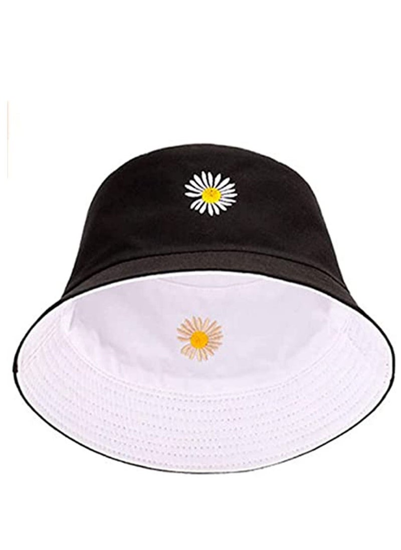Flower Reversible Bucket Hats, Summer Travel Embroidery Beach Sun Hats for Women Teens Boys Girls Sun Visor Outdoor Cap Black - Image 1