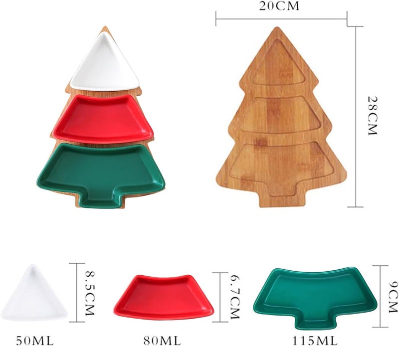 Loticy Colorful Christmas Tree Plate Chip  Dip Set 12 Ceramic Snack Plate with Bamboo Tray Removable Porcelain Christmas Tree Appetizer Dessert Fruit Salad Saucers Bowl Cutlery Platter Serving Dish - Image 2