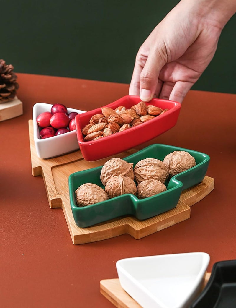 Loticy Colorful Christmas Tree Plate Chip  Dip Set 12 Ceramic Snack Plate with Bamboo Tray Removable Porcelain Christmas Tree Appetizer Dessert Fruit Salad Saucers Bowl Cutlery Platter Serving Dish - Image 5