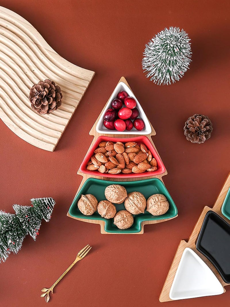 Loticy Colorful Christmas Tree Plate Chip  Dip Set 12 Ceramic Snack Plate with Bamboo Tray Removable Porcelain Christmas Tree Appetizer Dessert Fruit Salad Saucers Bowl Cutlery Platter Serving Dish - Image 4