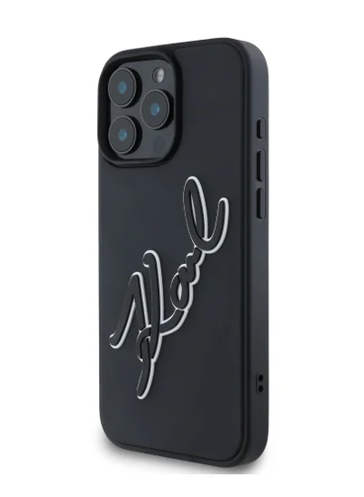 كارل لاغرفيلد جراب iPhone 16 Pro Max مع شعار مطاطي ثلاثي الأبعاد من مادة البولي يوريثان / حماية من السقوط / تصميم نحيف / غطاء خلفي خفيف الوزن - أسود