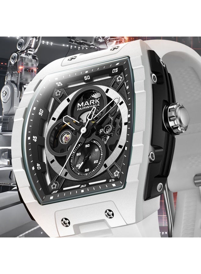 Mark Fairwhale Men's Multi-Function Chronograph Skeleton Watch - Water Resistant, Luminous, Fashion Design, Black Dial & White Silicone Strap - Image 2