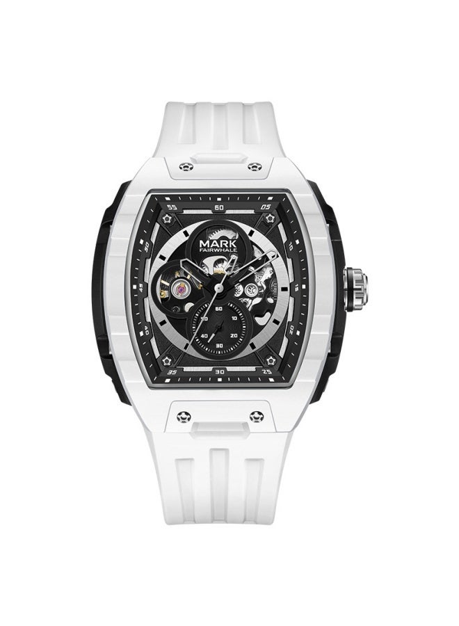 Mark Fairwhale Men's Multi-Function Chronograph Skeleton Watch - Water Resistant, Luminous, Fashion Design, Black Dial & White Silicone Strap - Image 1