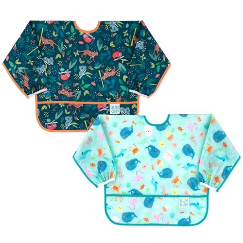 Bumkins Sleeved Bib For Boys Girls Babies Toddlers 624 Months Lightweight Durable Waterproof Long Sleeve Bib CatchAll Pocket Wipeable Machine Washable Jungle Ocean 2 Pack - Image 1