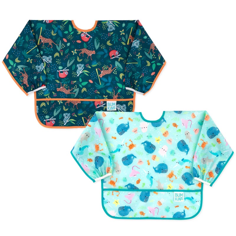 Bumkins Sleeved Bib For Boys Girls Babies Toddlers 624 Months Lightweight Durable Waterproof Long Sleeve Bib CatchAll Pocket Wipeable Machine Washable Jungle Ocean 2 Pack - Image 2