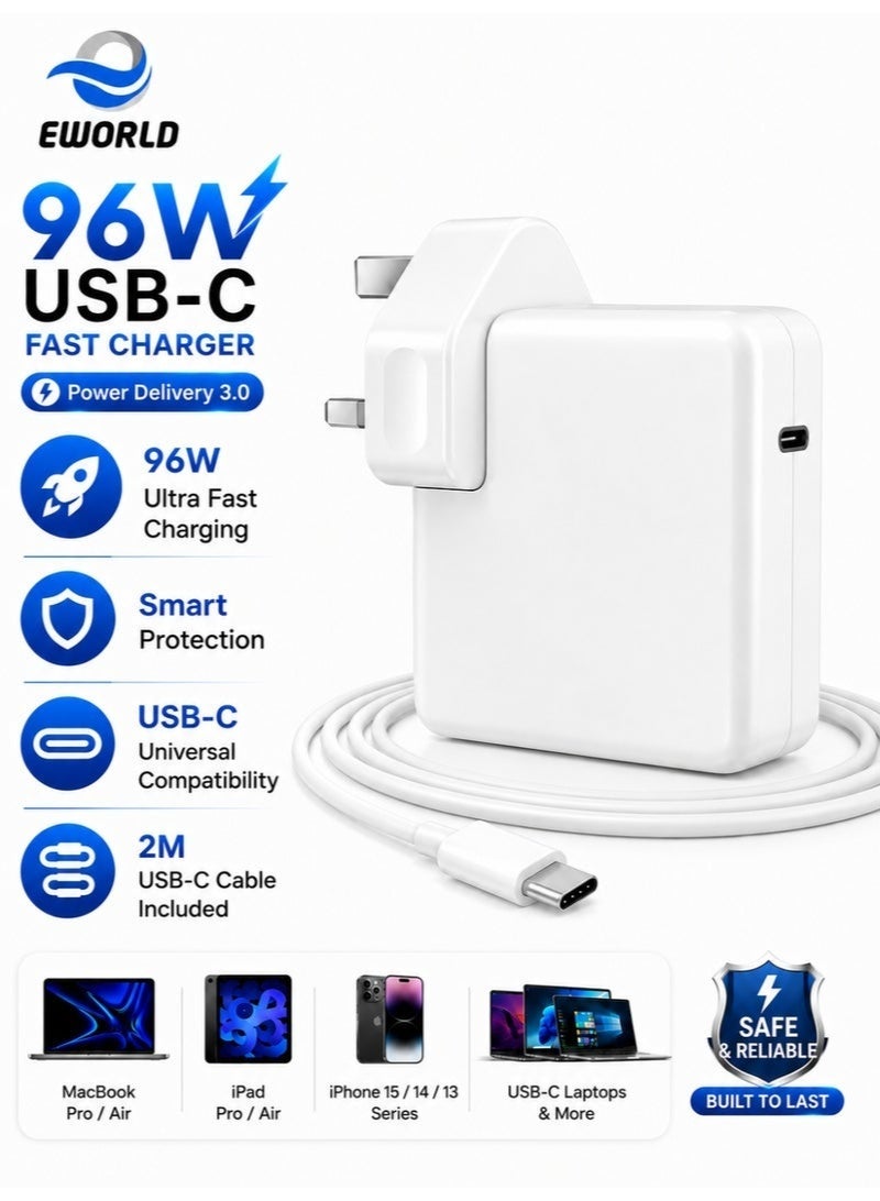 شاحن  سريع 96 واط USB-C بقابس بريطاني مع كابل 2 متر – شاحن حائط GaN بتقنية Power Delivery 3.0 متوافق مع MacBook Pro/Air وiPad Pro/Air وiPhone 15/14/13 وأجهزة USB-C المحمولة وأكثر - Image 1