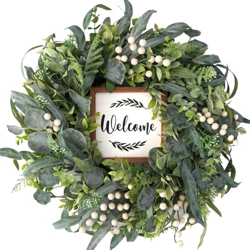 CIR OASES Green Eucalyptus Wreath for Front Door, 20 inch Eucalyptus Leaves and White Berries Wreath with Welcome Sign, Four Seasons Wreaths for Indoor/Outdoor Farmhouse Home Wall Window Decor - Image 1