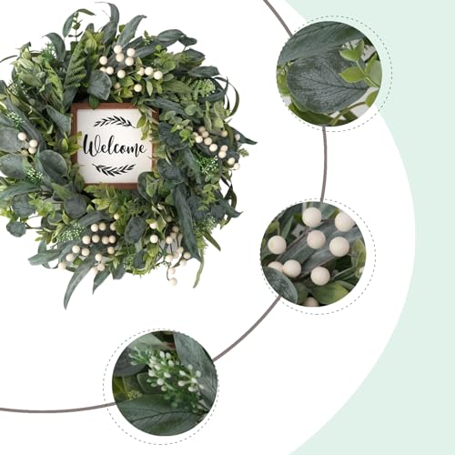 CIR OASES Green Eucalyptus Wreath for Front Door, 20 inch Eucalyptus Leaves and White Berries Wreath with Welcome Sign, Four Seasons Wreaths for Indoor/Outdoor Farmhouse Home Wall Window Decor - Image 2