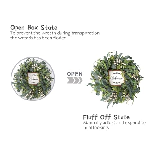 CIR OASES Green Eucalyptus Wreath for Front Door, 20 inch Eucalyptus Leaves and White Berries Wreath with Welcome Sign, Four Seasons Wreaths for Indoor/Outdoor Farmhouse Home Wall Window Decor - Image 4