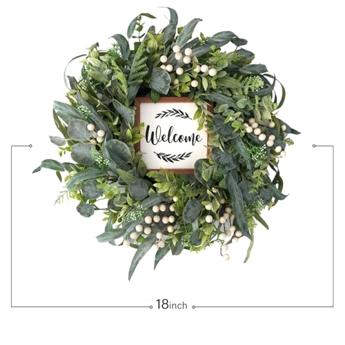 CIR OASES Green Eucalyptus Wreath for Front Door, 20 inch Eucalyptus Leaves and White Berries Wreath with Welcome Sign, Four Seasons Wreaths for Indoor/Outdoor Farmhouse Home Wall Window Decor - Image 3