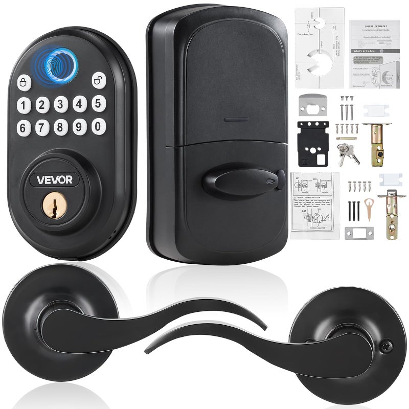 VEVOR Fingerprint Door Lock with Level Handles, Fingerprint/Keypad Code/Key, One-Time and Anti-Peeking Password, Constant Unlock Mode, Aluminum Alloy, Electronic Keypad Deadbolt for Entry Doors - Image 1