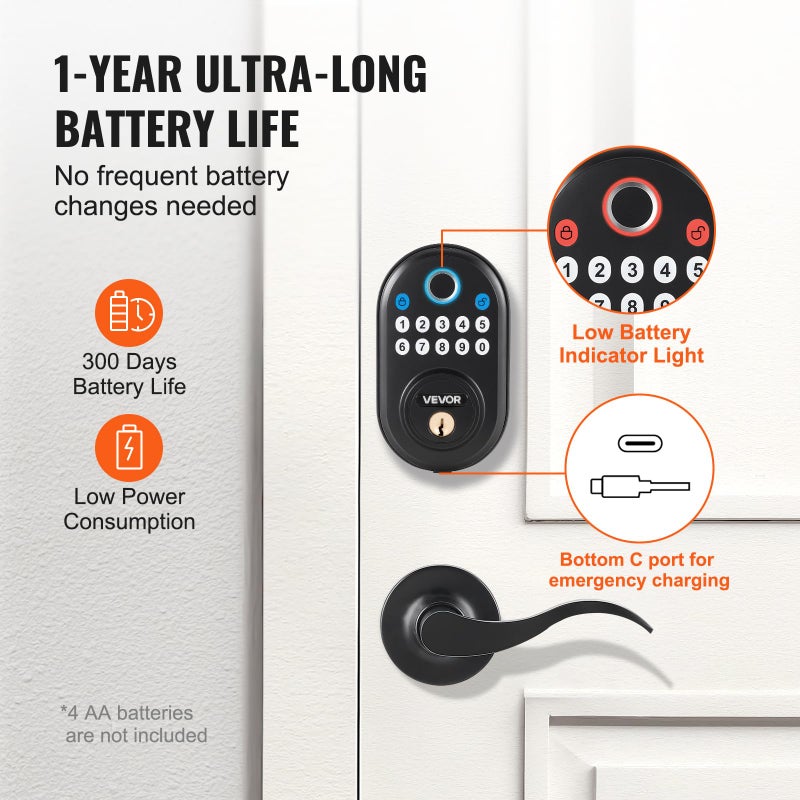 VEVOR Fingerprint Door Lock with Level Handles, Fingerprint/Keypad Code/Key, One-Time and Anti-Peeking Password, Constant Unlock Mode, Aluminum Alloy, Electronic Keypad Deadbolt for Entry Doors - Image 5