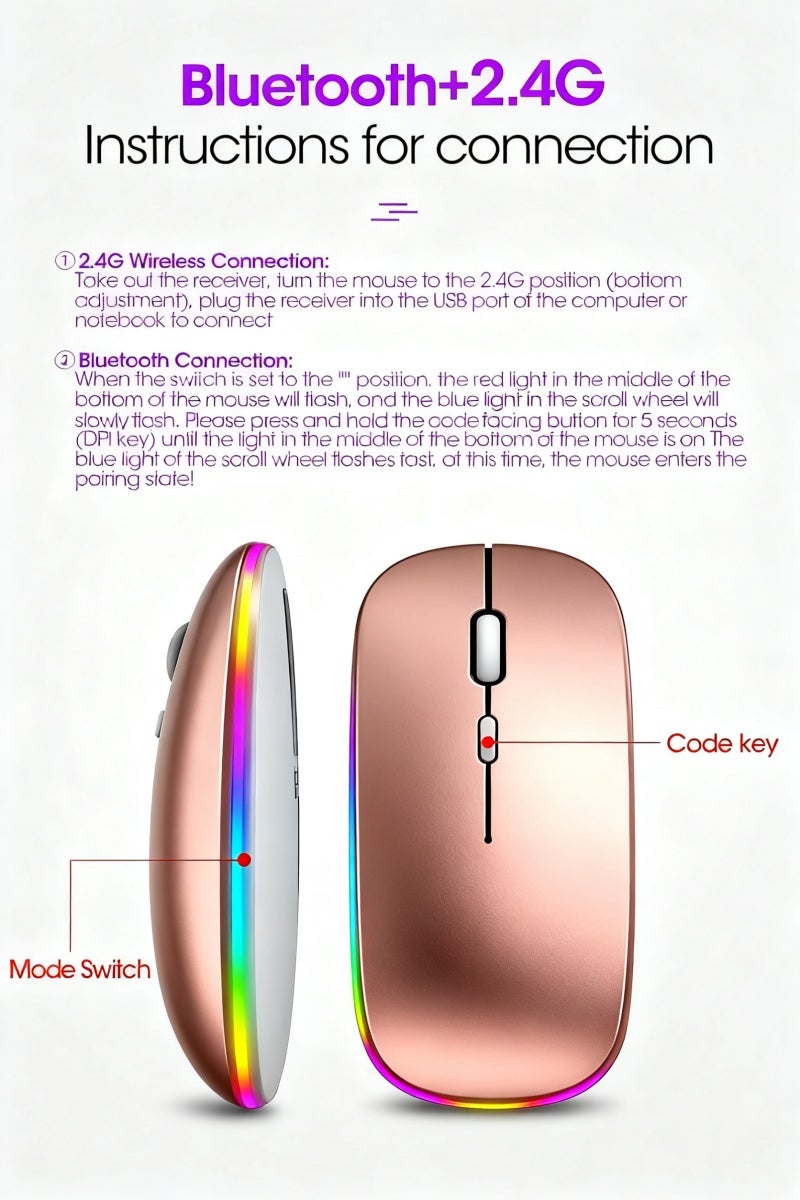 ماوس لاسلكي بلوتوث، بلوتوث 5.1 + مستقبل USB لاسلكي 2.4 جيجا هرتز، شاحن من نوع C صامت للكمبيوتر اللوحي اللابتوب الهاتف، 3 نقاط في البوصة قابلة للتعديل مع أضواء RGB للاعبين (وردة ذهبية) - Image 5