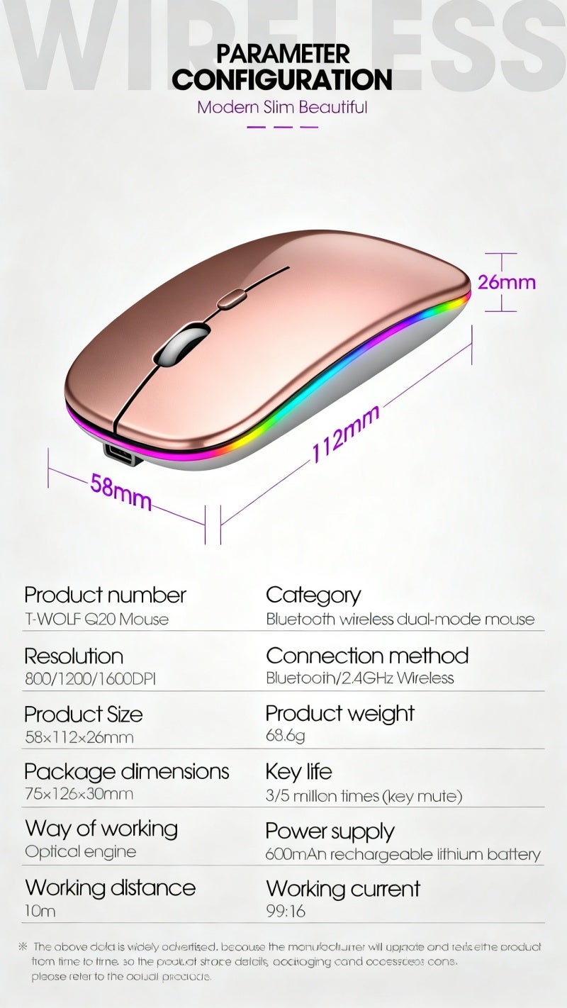 ماوس لاسلكي بلوتوث، بلوتوث 5.1 + مستقبل USB لاسلكي 2.4 جيجا هرتز، شاحن من نوع C صامت للكمبيوتر اللوحي اللابتوب الهاتف، 3 نقاط في البوصة قابلة للتعديل مع أضواء RGB للاعبين (وردة ذهبية) - Image 3