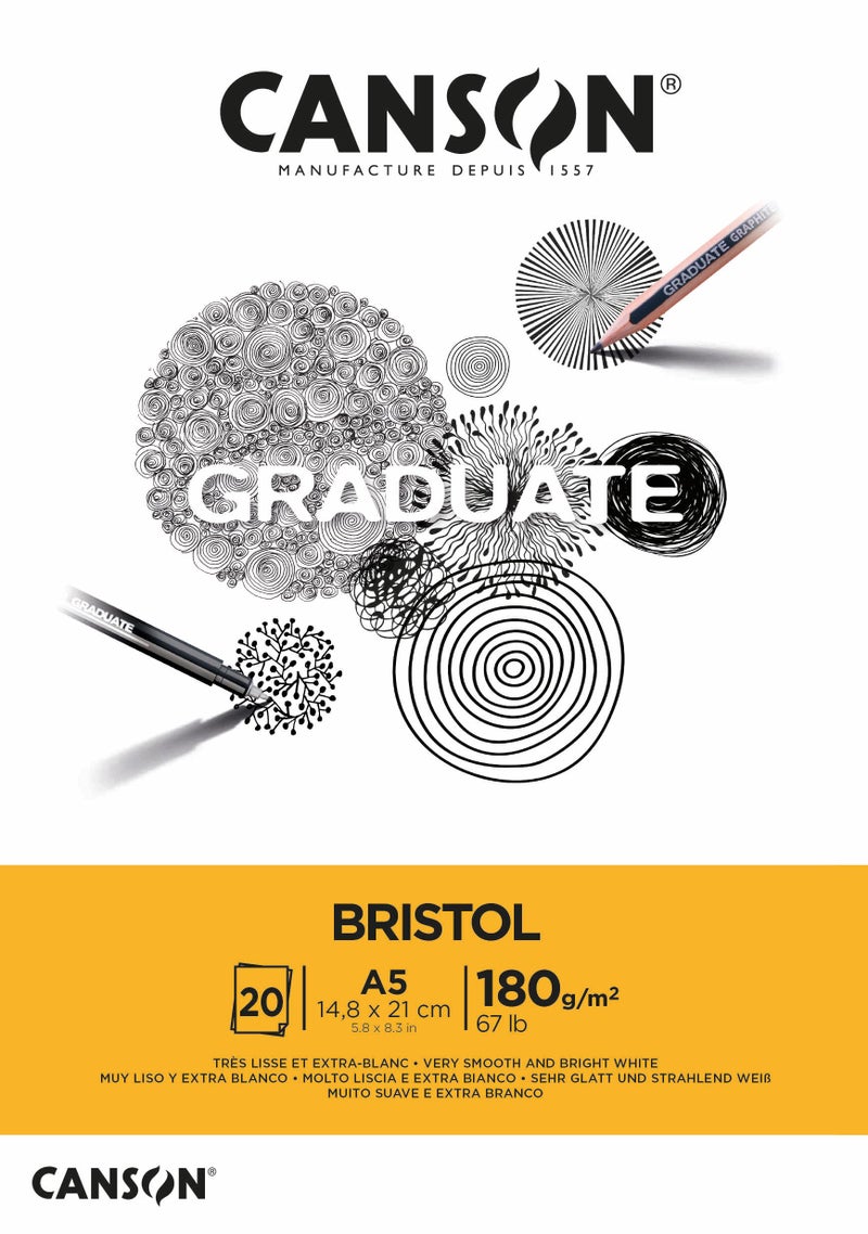 CANSON Graduate Bristol 180gsm A5 Paper, Very Smooth, Pad Glued Short Side, 20 Bright White Sheets, Ideal for Student Artists - Image 2