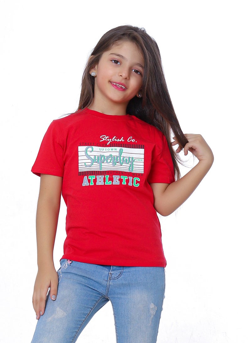 بيبو تيشيرت بناتي مطبوع نص كم_احمر - Image 1