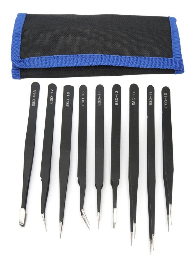 9PCS Tweezer Set Stainless Steel Anti Slip Pointed Curved Tips Tweezer Set for Cell Phone Repair - Image 1