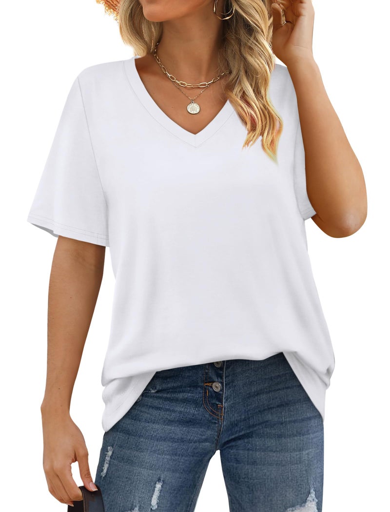 Aokosor Tshirts Shirts for Women Casual V Neck Short Sleeve Summer Tops White Tees M - Image 3