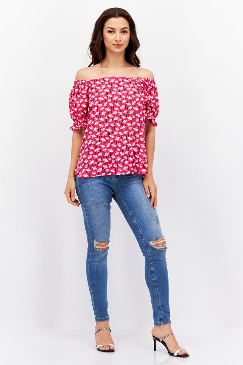 ANNE KLEIN بلوزة مزهرة قصيرة الأكمام بدون أكتاف للنساء، مجموعة وردية - Image 3