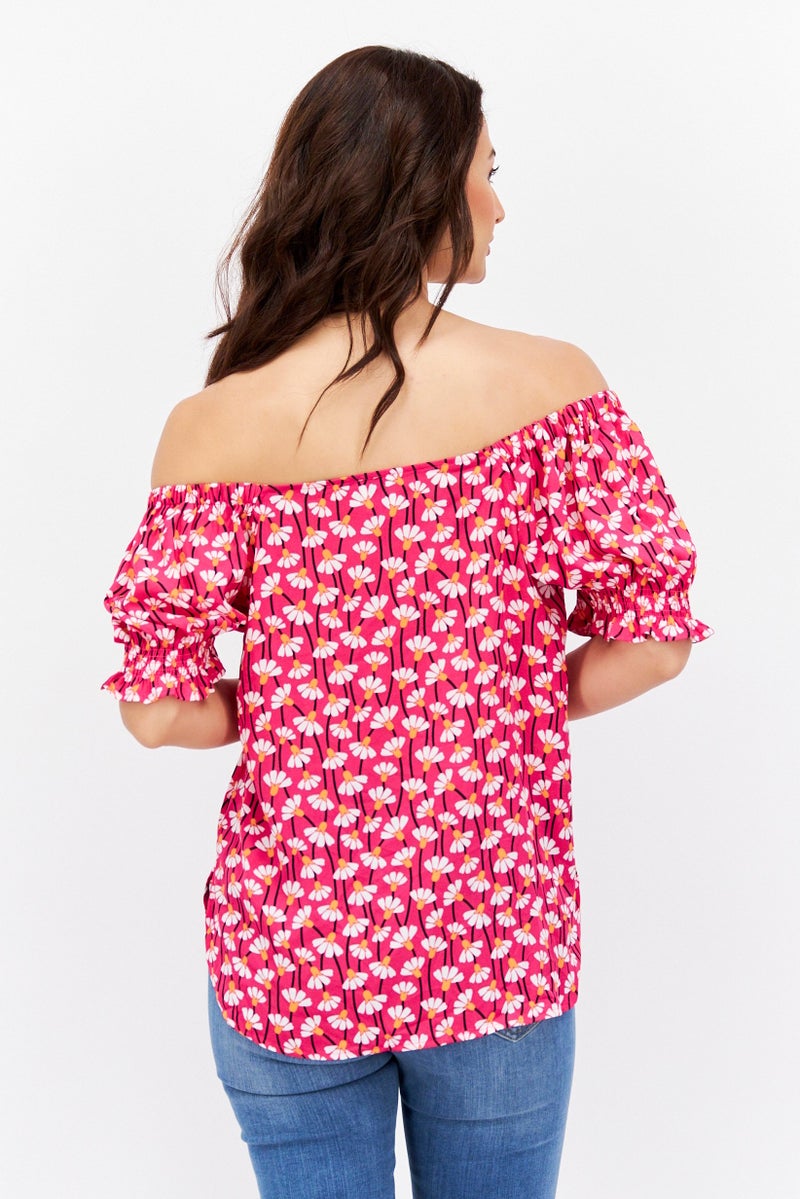 ANNE KLEIN بلوزة مزهرة قصيرة الأكمام بدون أكتاف للنساء، مجموعة وردية - Image 2