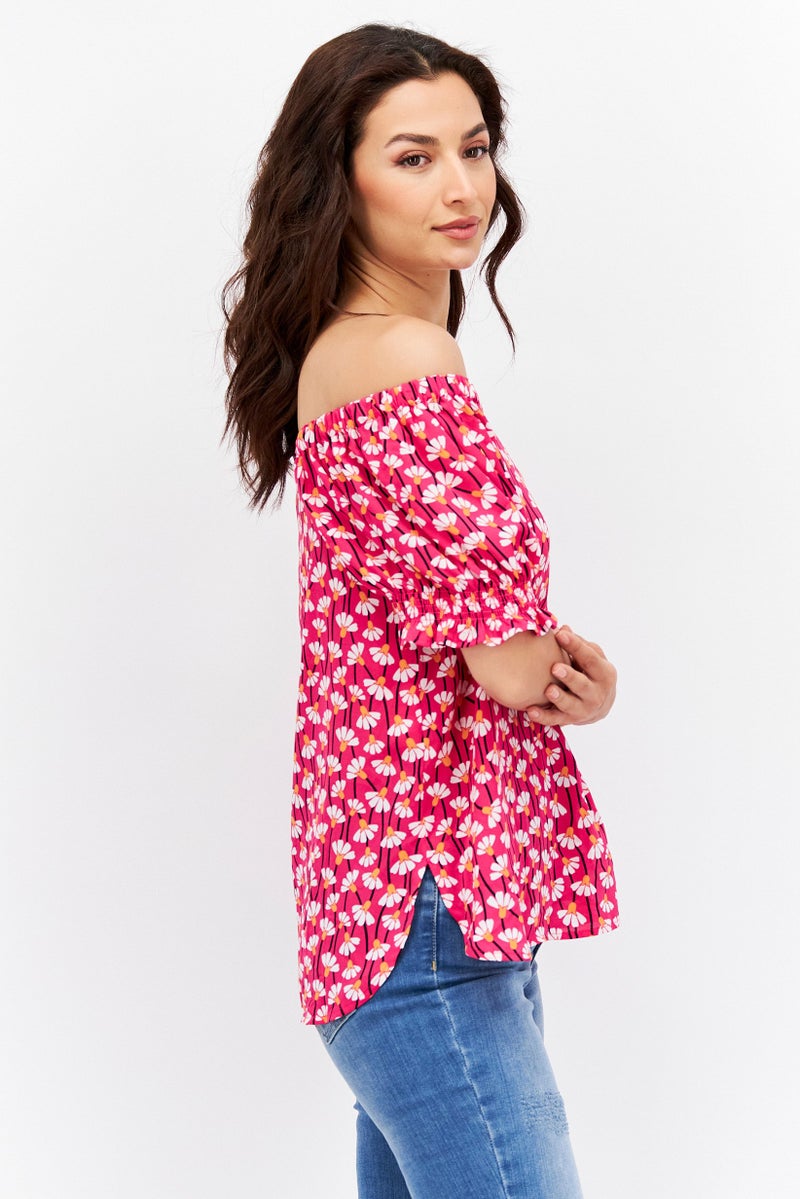 ANNE KLEIN بلوزة مزهرة قصيرة الأكمام بدون أكتاف للنساء، مجموعة وردية - Image 4