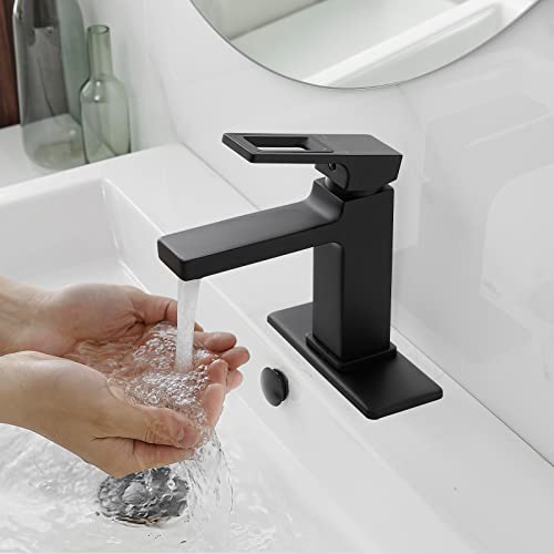BWE Black Bathroom Faucet Single Hole Modern Single Handle Bathroom Sink Faucet with Pop Up Drain Assembly and Faucet Supply Lines rv Lavatory Basin Vanity Sink Faucets Mixer Tap Commercial - Image 1