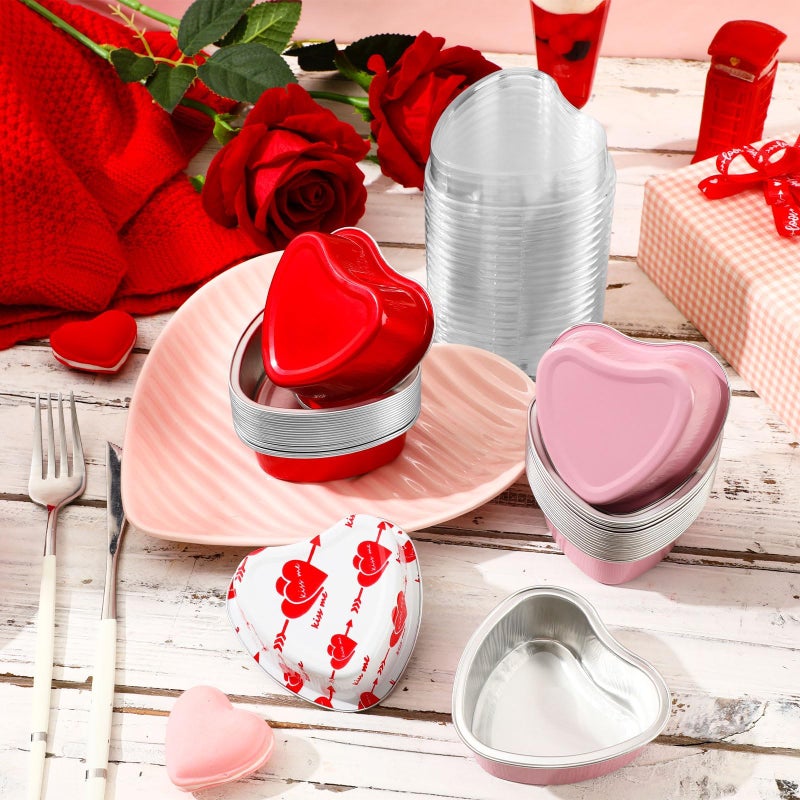 AUGSUN 50 Sets Heart Shaped Cake Pans with Lids, 3.4oz/100ml Mini Heart Cake Pans Valentine's Day Aluminum Foil Baking Cups for Valentine's Day Wedding Party Supplies - Image 3