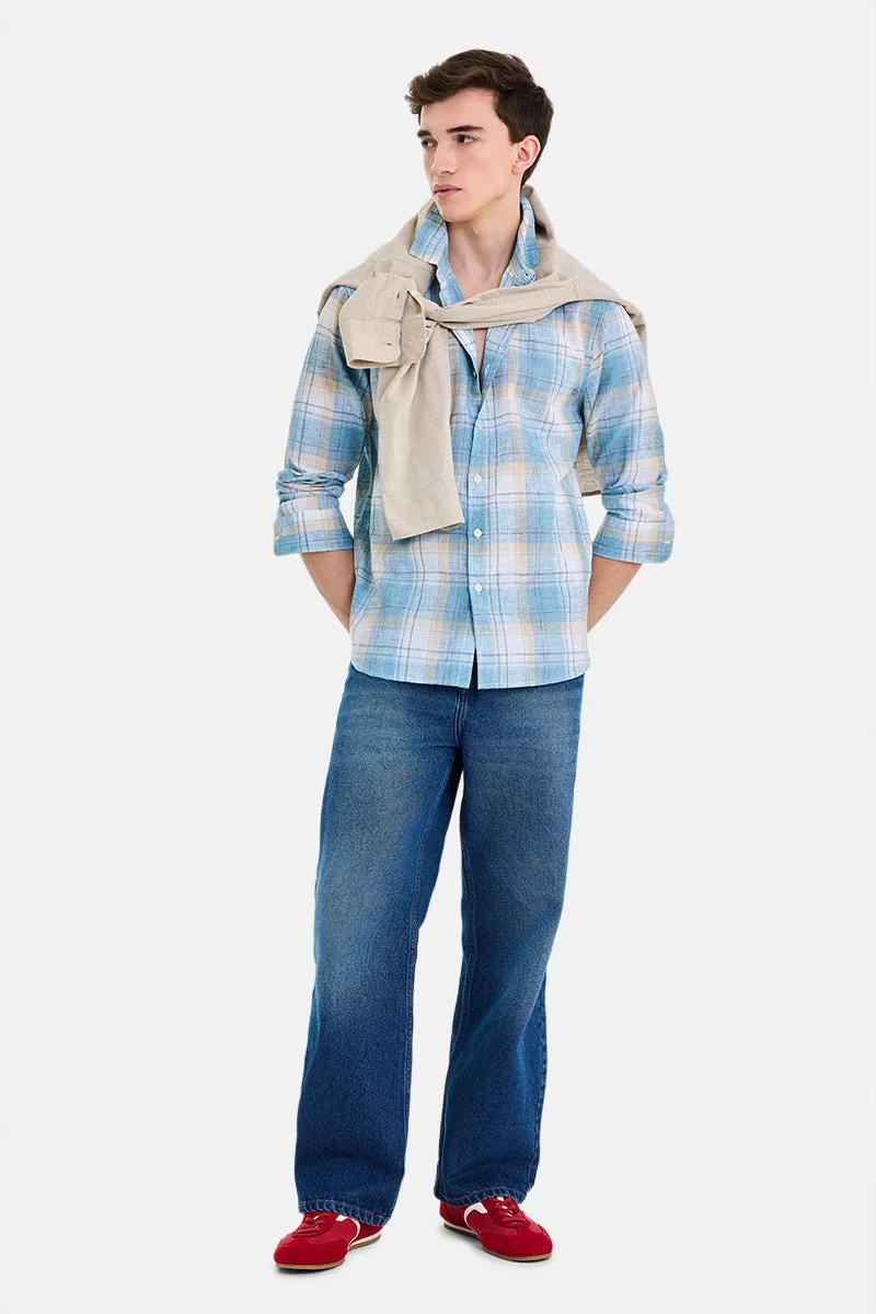 SNITCH Sky Blue Checkered Long Sleeve Regular Fit Casual Shirt