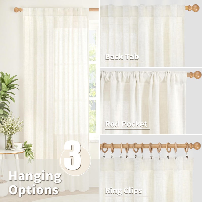 YoungsTex 48 Inch Length Ivory Linen Curtains, Boho Semi Sheer Drapes Rod Pocket Back Tab Light Filtering Privacy for Short Living Room Window, 2 Panels, 42 X 48 Inch - Image 5